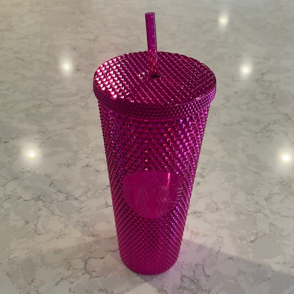 STARBUCKS Pink Chrome Sangria Bling Studded Holiday Cold Cup Tumbler Str…